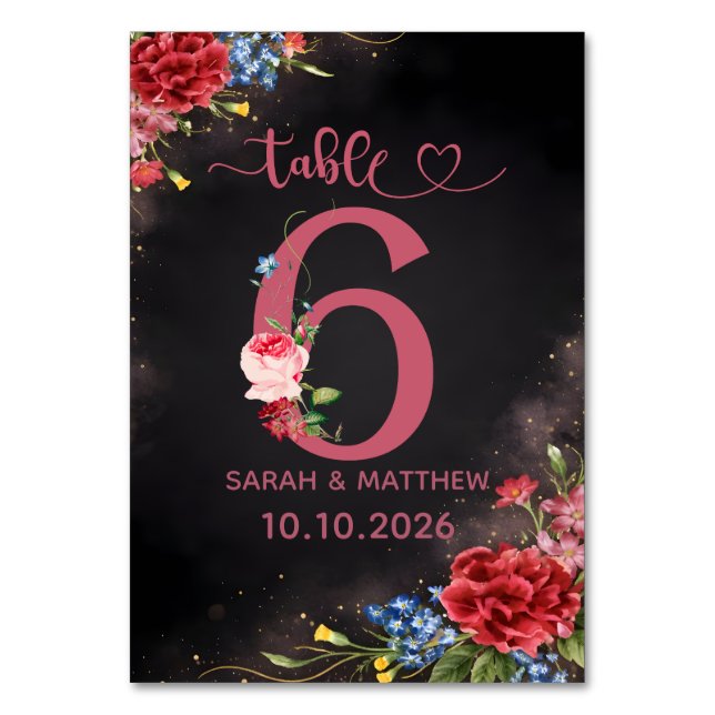 Número da Mesa de Casamento Floral Corado 6 Cartão (Frente)