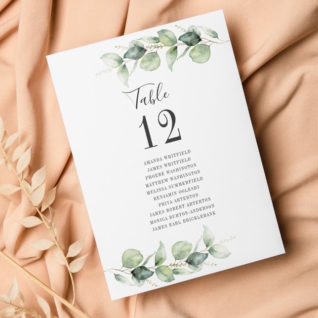 Número da Tabela de Casamento Eucalyptus com Nomes (Watercolor Eucalyptus Wedding  Reception Table Number Card)