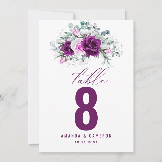 Número da Tabela de Casamento Floral Roxo-Roxo Ele (Frente)