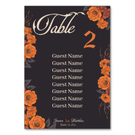 Número da tabela Flores Laranja com cartão de nome