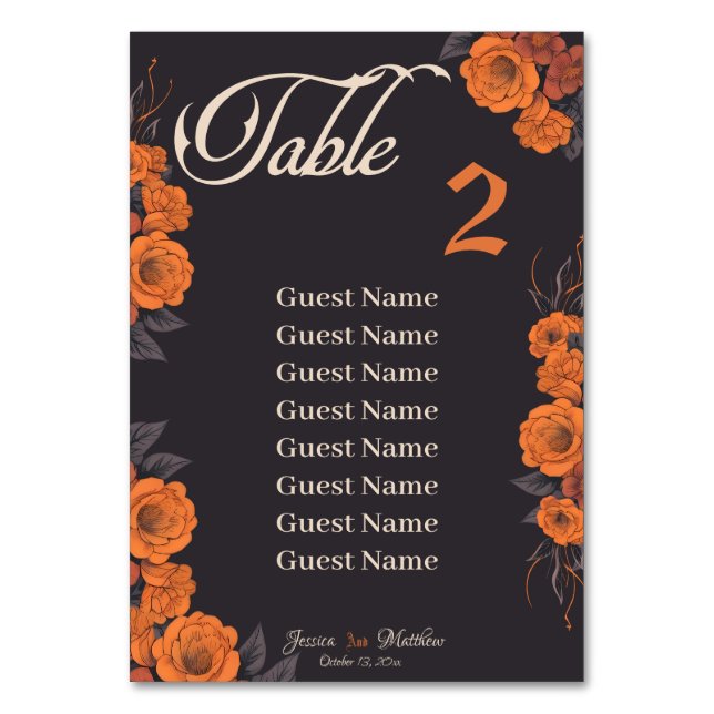 Número da tabela Flores Laranja com cartão de nome (Frente)