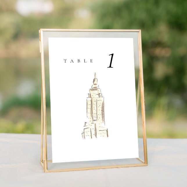 Número da Tabela NYC de Casamento do Empire State  (Watercolor Empire State Building New York City Skyline wedding table number sign.)