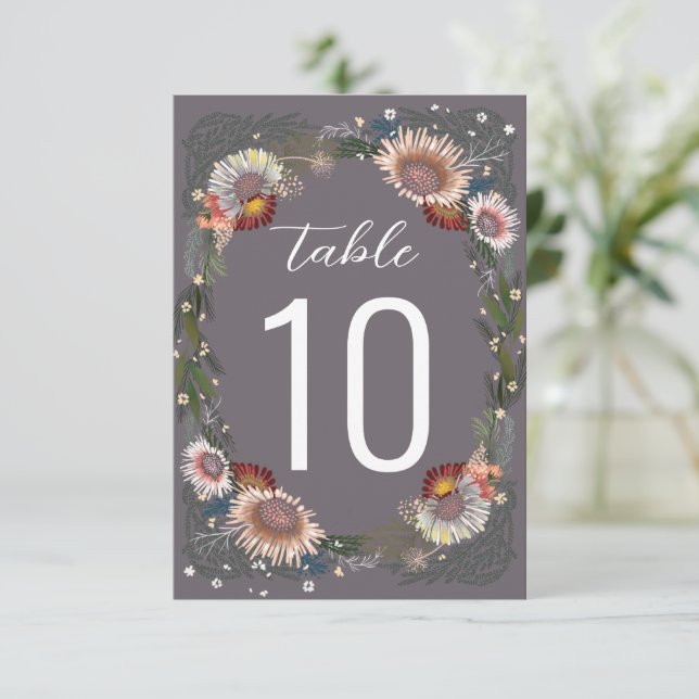 Número da Tabela Roxo Boho das Flores Desenhadas (Em pé/Frente)
