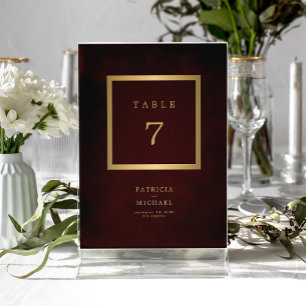Número de mesa de casamento em dourado burgundy mo