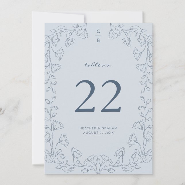Número de Mesa de Casamento Floral Azul (Frente)