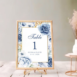 Número de Mesa de Casamento Floral Azul e Dourado