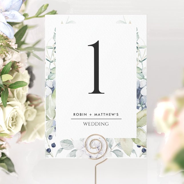 Número de Mesa de Casamento Floral Branco e Azul E (Criador carregado)