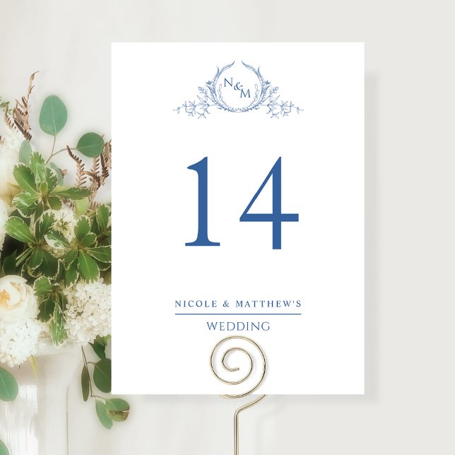 Número de Mesa de Casamento Monogramado Azul Elega (Criador carregado)