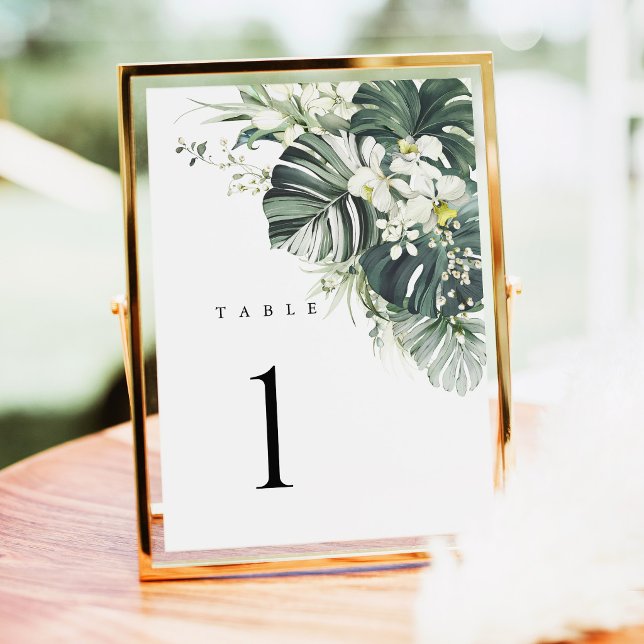 Número de Mesa de Casamento Tropical Monstera Verd (Tropical Monstera Table Number, Sage Green Beach Wedding Reception, destination gold frame decor)