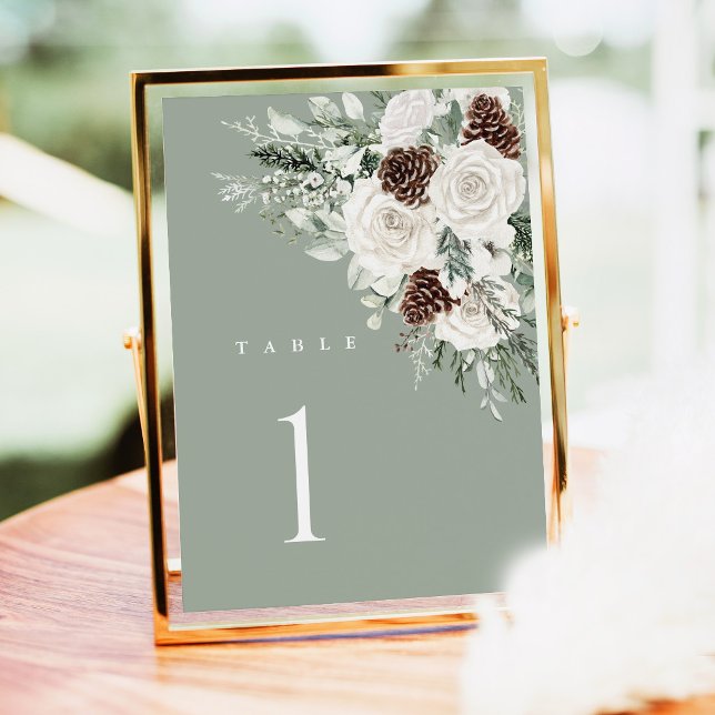 Número de Mesa de Casamento Verde Salvia Floral de (Sage Green Winter Floral Wedding Table Numbers, Pinecone White Rose Reception Table Number Sign)