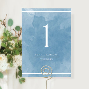 Número de Mesa em Aquarela Azul Elegante e Simples
