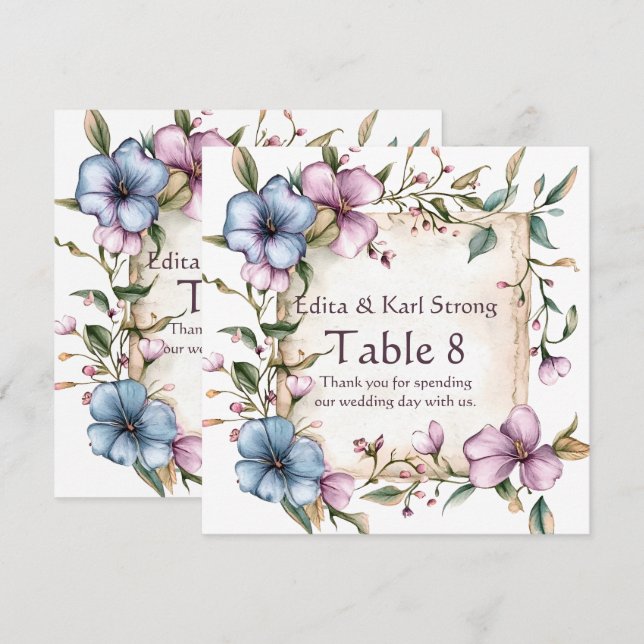 Número de Mesa Floral Roxo e Azul Agradecimento (Frente/Verso)