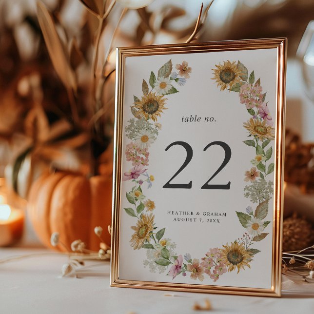 Número de Mesa Girassol Elegante (Elegant Watercolor Sunflower Wildflower Decor Table Number by Painted Paperie
)