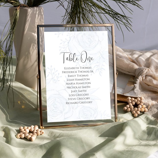 Número de Tabela de Casamento Floral Azul Personal (Elegant Wedding table number sign with guests names and table number. )