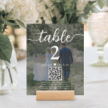 Número de Tabela de Script de Código QR de Casamen<br><div class="desc">Adicione um toque de acabamento personalizado a decorações de recepção de casamento com cartões personalizados de números de tabela de foto e código QR. Imagens e textos são simples de personalizar, e podem ser diferentes ou iguais em frente e atrás. Se preferido, mude "capturar o amor" para "fundo da lua...</div>