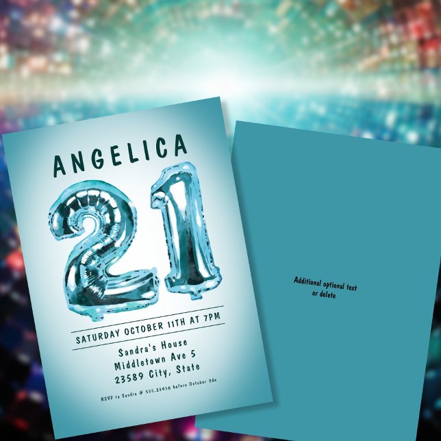 Números de Balões aniversário de 21 anos Convite (Number Balloons 21th Birthday Invitation. Gender Neutral Teal.)