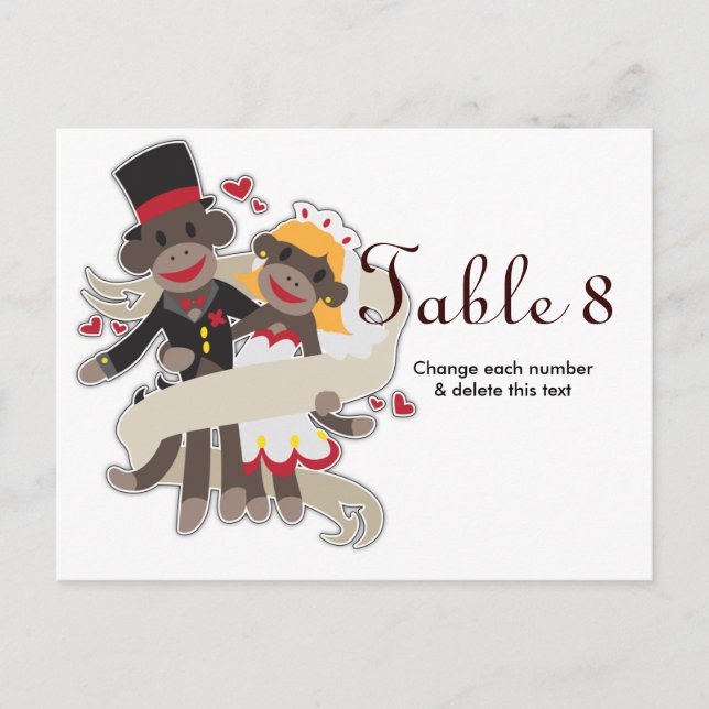 Números de Cartões de Mesa de Casamento SOCK MONKE (Frente)