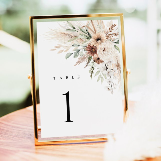 Números de Mesa Casamento Floral Boho Pampas Grama (Boho Pampas Grass Floral Wedding Table Number Card, Neutral Beige Sage Green Reception Gold Decor)