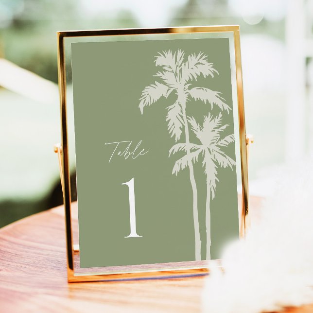 Números de Mesa de Casamento com Palmeira, Tropica (Palm Tree Wedding Table Numbers Sage Green Tropical Reception Sign Gold Frame Destination Decor)