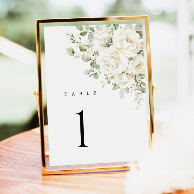 Números de Mesa de Casamento Floral Branco Verde S (Sage green white floral wedding table number, watercolor roses in gold frame for luxury reception)