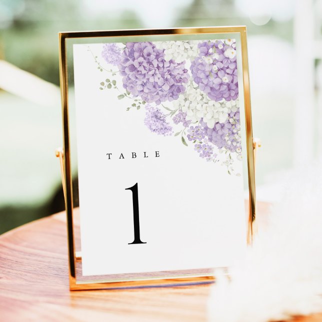 Números de Mesa de Casamento Floral Lilás Lavanda  (Lavender lilac white floral hydrangea wedding table number sign, elegant watercolor table decor)