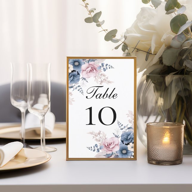 Números de mesa de casamento floral rosa azul empo (Dusty blue blush pink floral wedding table number cards)