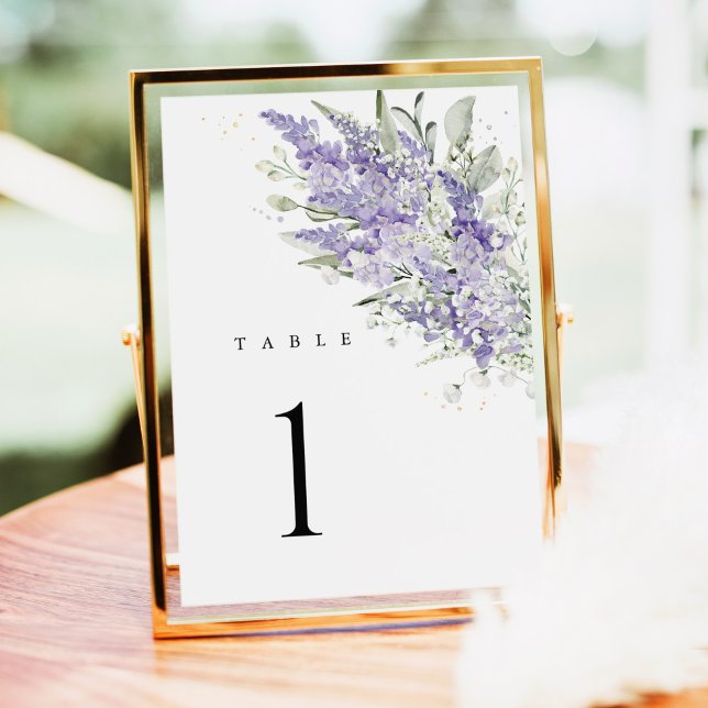 Números de Mesa de Casamento Floral Verde Salvia L (Lavender sage green floral wedding table number card, watercolor lavender blooms, reception table)
