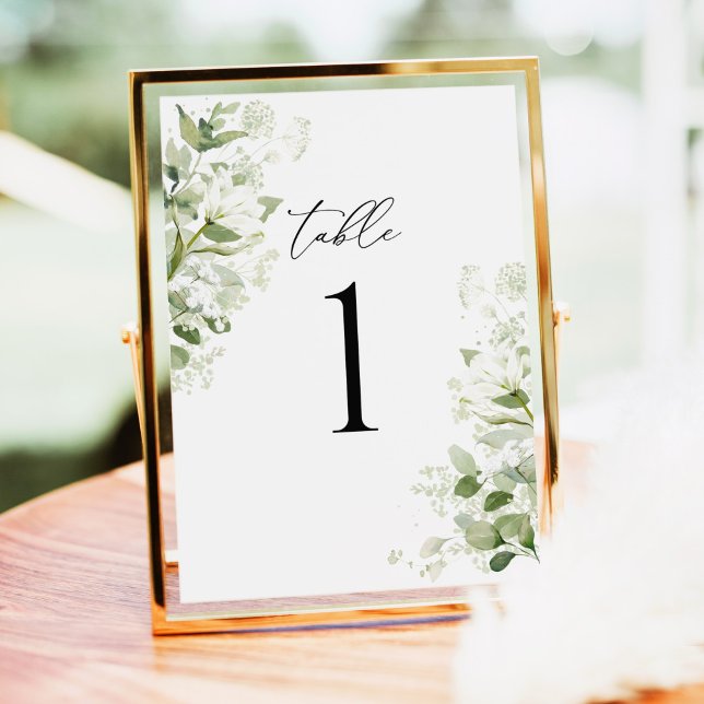 Números de Mesa de Casamento Verde Salvia Orgânico (Sage green organic greenery wedding table number with watercolor, elegant reception table décor.)