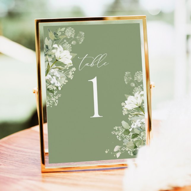 Números de Mesa de Casamento Verde Salvia, Verdura (Sage green organic greenery wedding table numbers in gold frame for elegant garden wedding reception)