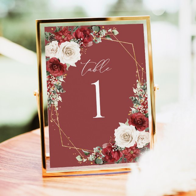 Números de Mesa de Noiva Floral de Inverno em Dour (Burgundy gold winter floral wedding table numbers, elegant geometric reception centerpiece sign)