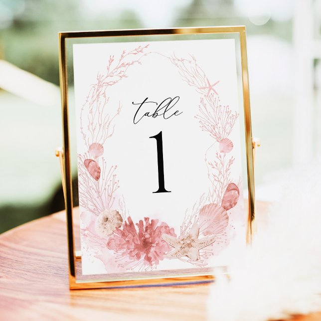 Números de Mesa para Casamento com Concha Costeira (Coastal Blush Seashell Wedding Table Number Card Pink Beach Destination Reception Decor Gold Decor)