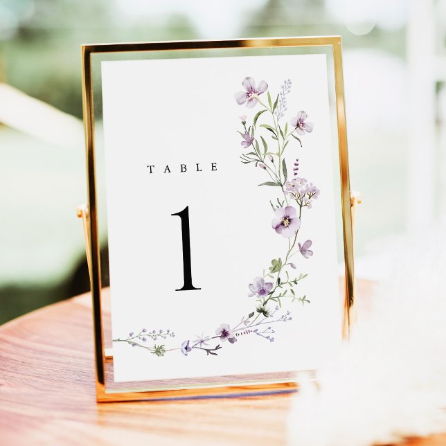 Números de Mesa para Casamento com Flores Silvestr (Lavender wildflower wedding table numbers, lilac purple floral wedding reception gold table decor)