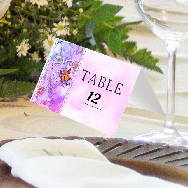 Números de Mesa Pérolas do Coração Rosa Floral Bor (Heart Pearls Pink Floral Butterfly Table Numbers)