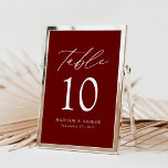 Números de Tabela de Casamento de Borgonha Elegant<br><div class="desc">Trendy, cartões minimalistas de números das mesas de casamento com cartas brancas modernas com "Mesa" em um roteiro de caligrafia moderno. O design apresenta um fundo burguês ou uma cor de sua escolha. O design repete atrás. Para pedir os cartões de mesa: adicione seu nome, data do casamento e número...</div>