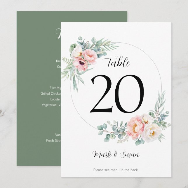 Números e Menus da Tabela de Casamento de Peonies  (Frente/Verso)