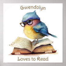 Nursery Art Poster Blue Bird Reading Personalize