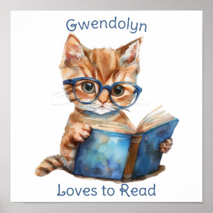 Nursery Art Poster Cat Lendo um Livro Personalizar