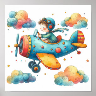 Nursery Art Poster Child Flying Propeller Avião