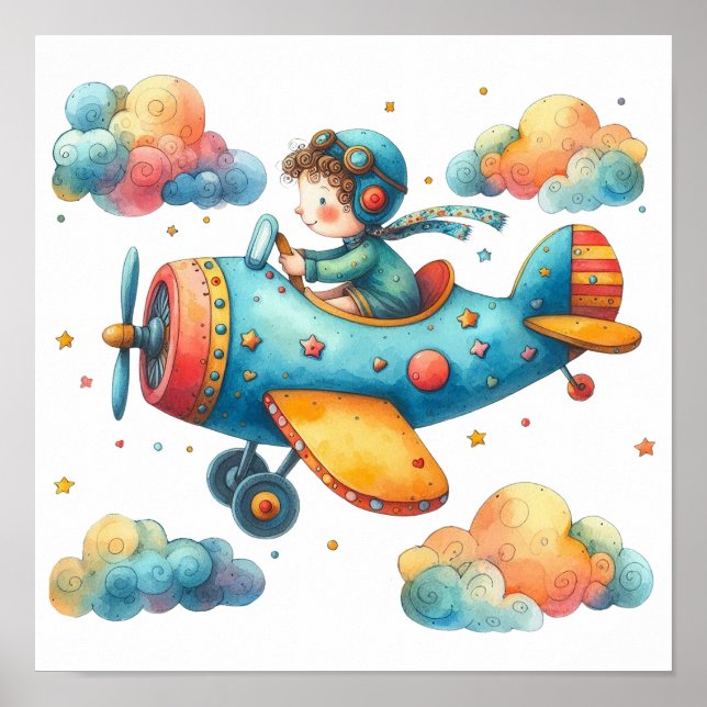 Nursery Art Poster Child Flying Propeller Avião (Frente)