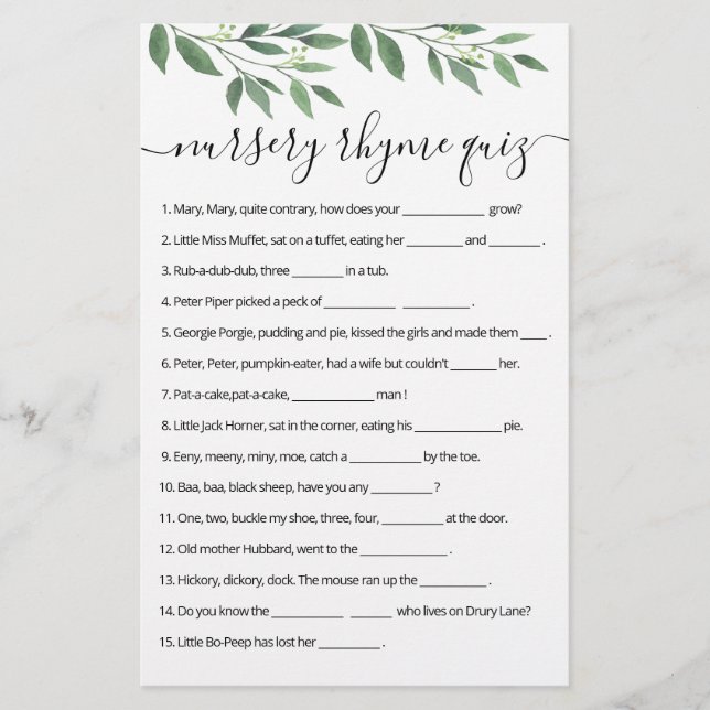 Nursery Rhyme Quiz jogo de Chá de fraldas com Resp (Frente)