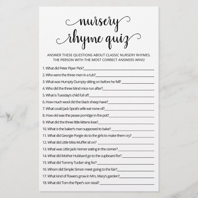 Nursery Rhyme Quiz jogo de Chá de fraldas com Resp (Frente)