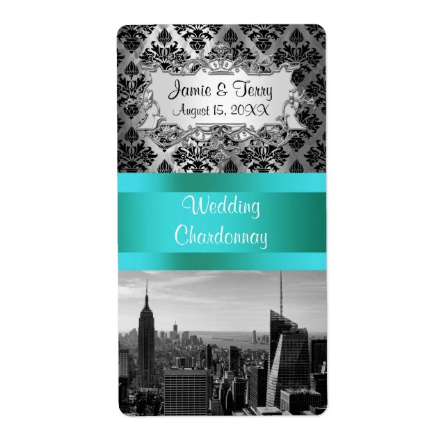 NY City Skyline BW B3 Damask F2 - Etiqueta de Vinh (Frente)