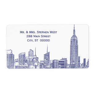NYC Skyline 01A Etiqueta de endereço gravado Blue