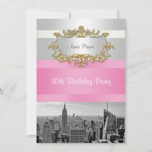 NYC Skyline BW 05 White, Pink Birthday Convite