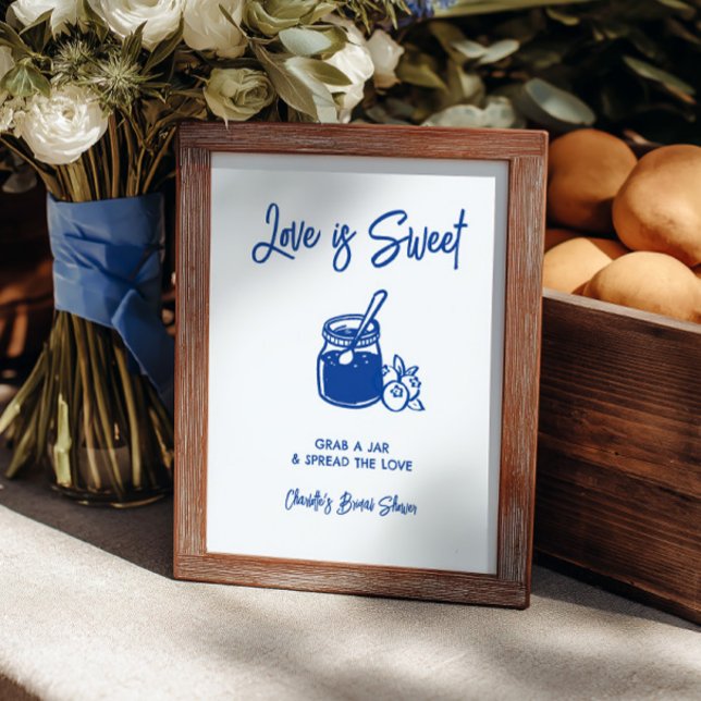 O Amor é Doce Sinal de Barra de Jam para Chá de Pa (Love Is Sweet Blue Bridal Shower Jam Bar Sign)