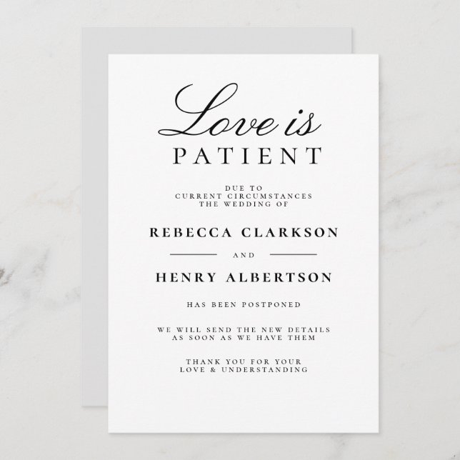 O Amor é Paciente Anúncio de Casamento Preto e Bra (Frente/Verso)