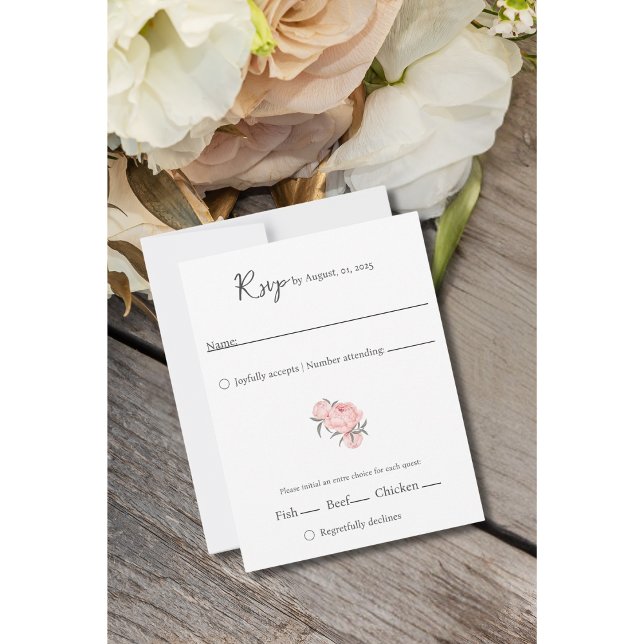 O Amor é Paciente – Cartão de RSVP de Escritura (Soft blush peonies and greenery add a romantic touch to this elegant watercolor RSVP card.)