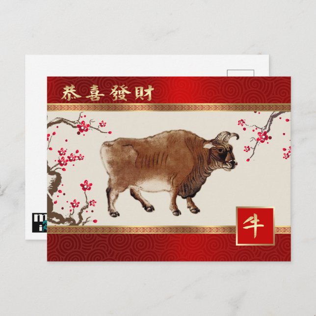 O Ano Chinês do Cartão Postal Ox em Chinês (Frente/Verso)