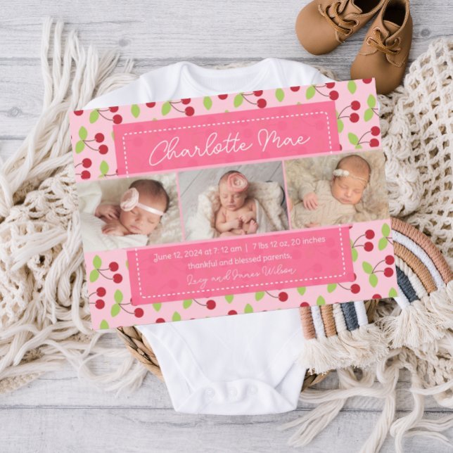 O anúncio do bebê da Cherry Girl da nossa mais doc (birth announcement, baby announcement, birth announcement template, custom girl birth announcement)