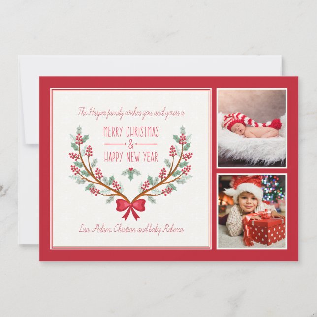 O azevinho ramifica cartão do feriado de 2 fotos (Frente)